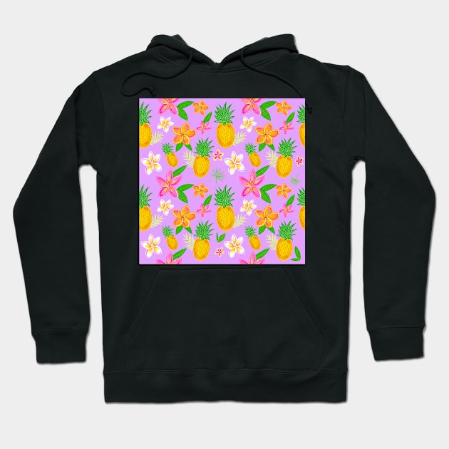 Tropical pineapple print with plumeria flowers. Hoodie by Papergrape